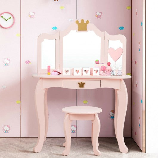 Kids Makeup Dressing Table with Tri-folding Mirror & Stool