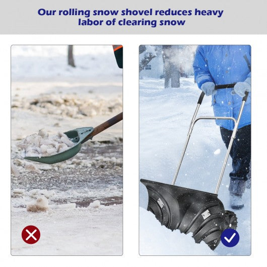 Rolling Snow Pusher Shovel w/Adjustable Handle