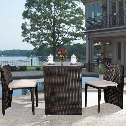 3 pcs Wicker Patio Cushioned Outdoor Chair and Table Set