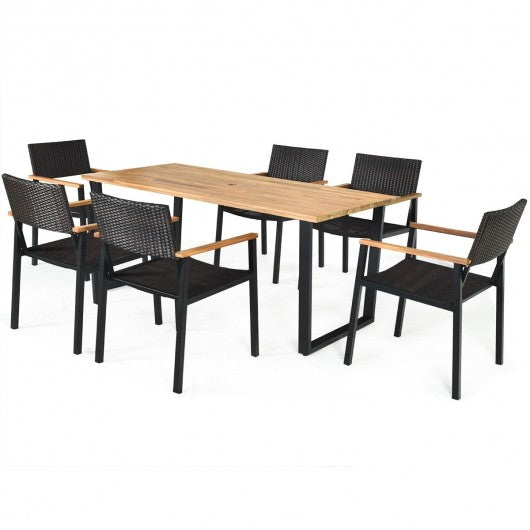 7 Pcs Outdoor Patio Rattan Dining Chair Table Set