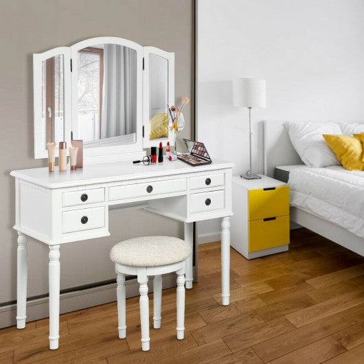 Tri-Fold Mirror Table Stool Wooden Vanity Make Up Dressing Set-White