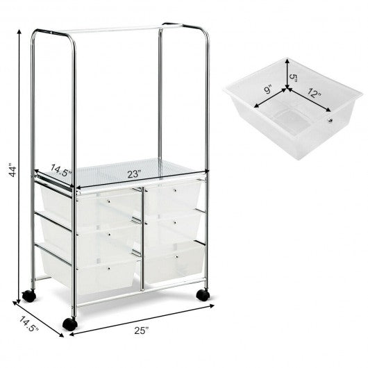6 Drawer Rolling Storage Cart with Hanging Bar