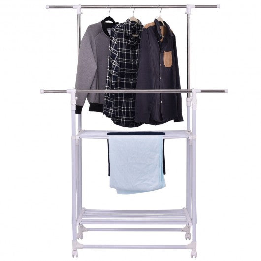 Folding Adjustable Rolling Clothes Rack Hanger with 2 Shelves