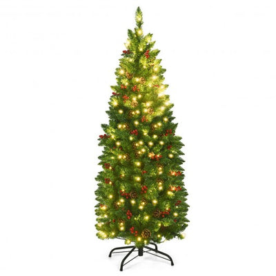 4.5 ft Preit Hinged Pencil Christmas Tree with Pine Cones Red Berries and 150 Lights