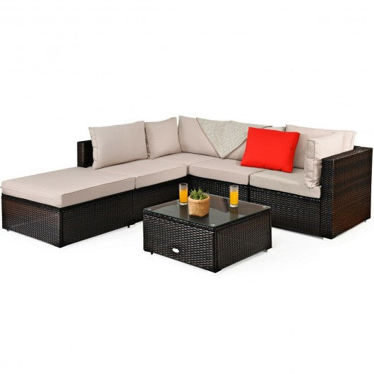6PCS Outdoor Patio Rattan Furniture Set Sofa Ottoman