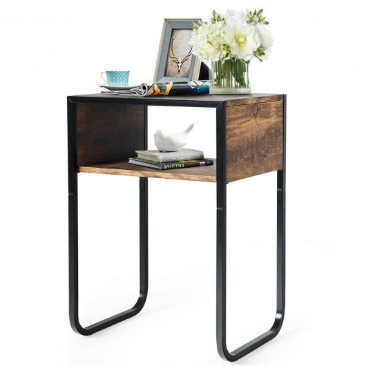 Industrial Coffee Nightstand Side Table with Metal Rustic Frame