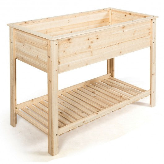 Elevated Wood Planter Box Stand with Storage Shelf