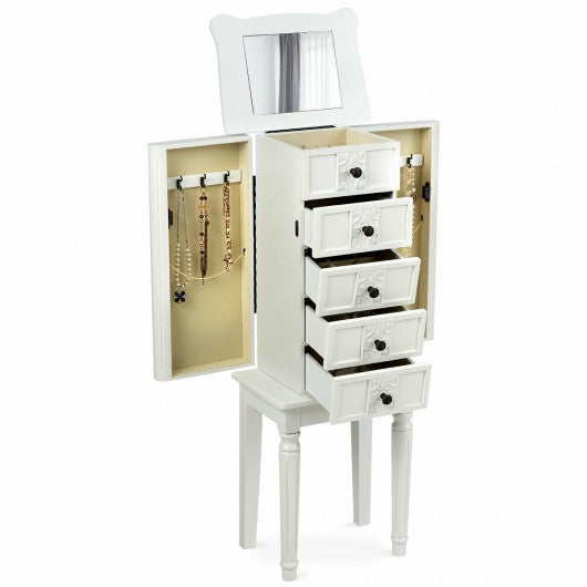 Standing Jewelry Cabinet Armoire with Top Flip Makeup Mirror