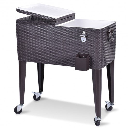 80QT Outdoor Party Portable Rattan Rolling Cooler Cart