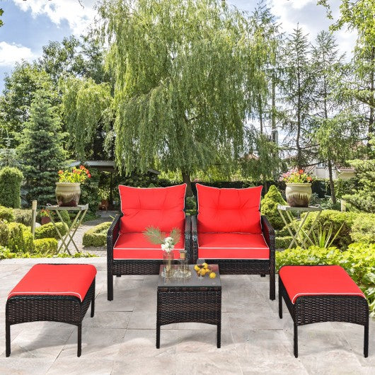 5 pcs Patio Rattan Sofa Ottoman Furniture Set w/ Cushions-Red