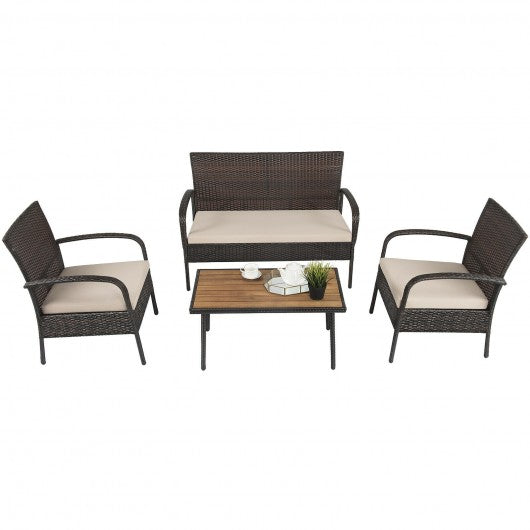 4Pcs Patio Rattan Outdoor Conversation Set with Cushions
