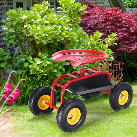 Red/Green Garden Cart Rolling Work Seat With Heavy Duty Tool Tray Gardening Planting-Red