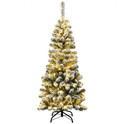 4.5 ft Preit Snow Flocked Artificial Pencil Christmas Pine Tree with 150 LED Light