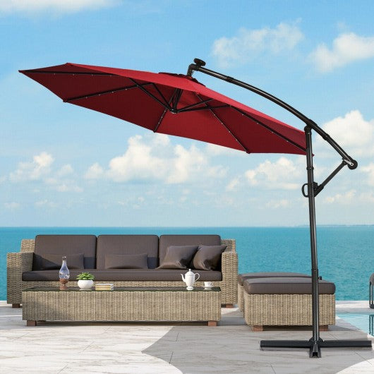 10 ft 360Â° Rotation Solar Powered LED Patio Offset Umbrella without Weight Base-Burgundy