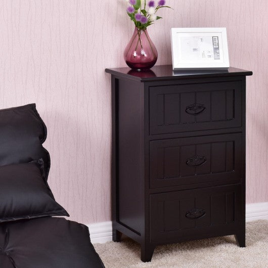 3 Drawers End Storage Wood Side Nightstand-Black