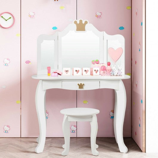 Kids Makeup Dressing Table with Tri-folding Mirror & Stool