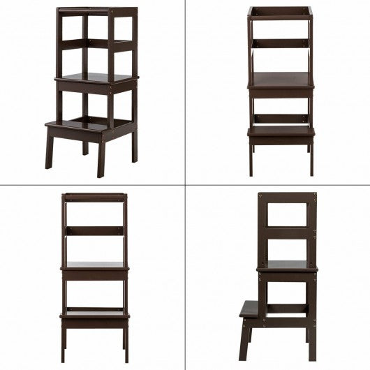 Wooden Kids Kitchen Learning Toddler Tower w/ Safety Rail