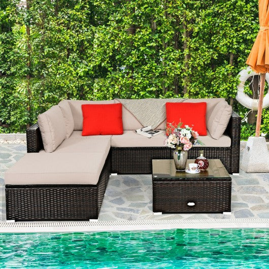 6PCS Outdoor Patio Rattan Furniture Set Sofa Ottoman