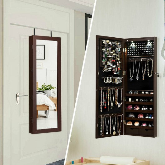 Lockable Wall Mount Mirrored Jewelry Cabinet with LED Lights