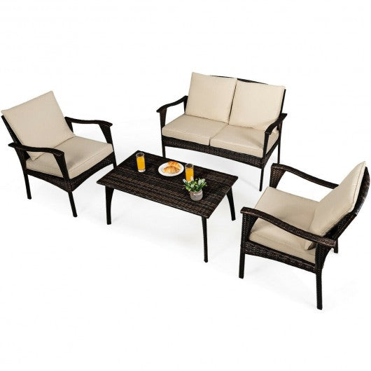 4PCS Patio Rattan Wicker Furniture Set Cushioned Sofa Couch