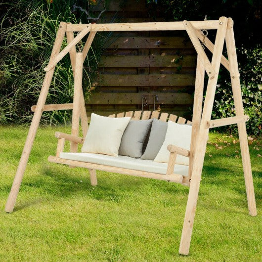 Rustic Wooden Porch Swing Bench with A-Frame Stand Set