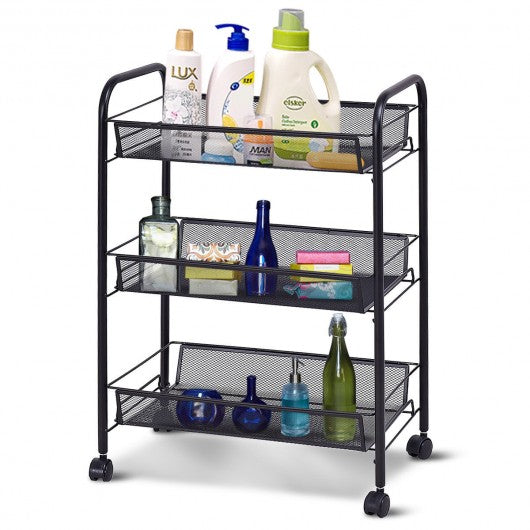 Black/Gray 3 Tier Storage Rack Trolley Cart-Black