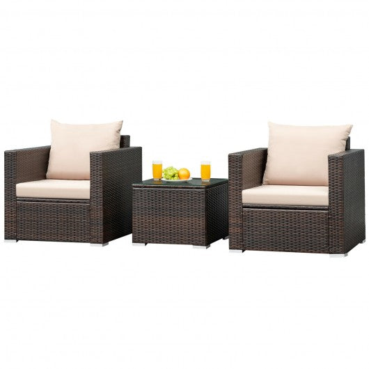 3Pcs Patio Conversation Rattan Furniture Set w/Cushion