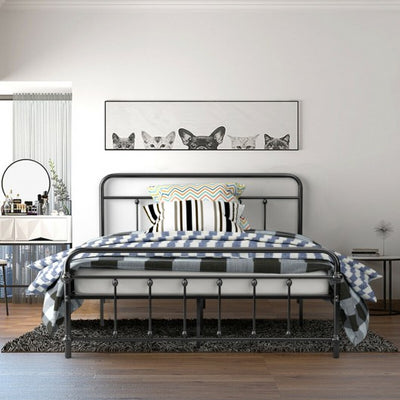 Full Size Metal Bed Frame with Steel Slats Headboard-Black