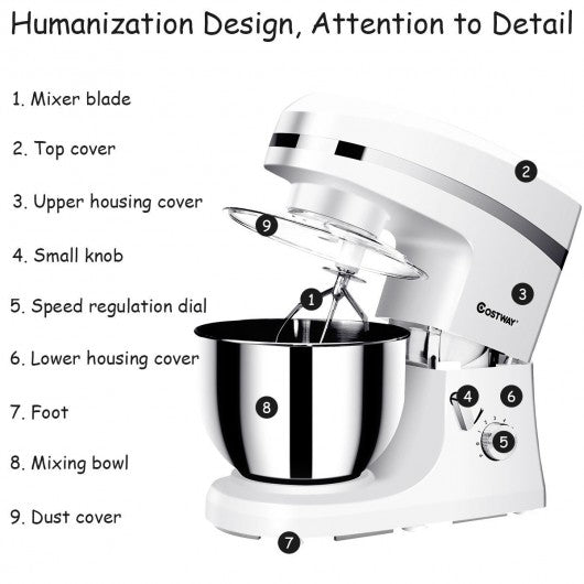 800 W 5.3 Quart Tilt-Head Stainless Steel Bowl Electric Food Stand Mixer-White