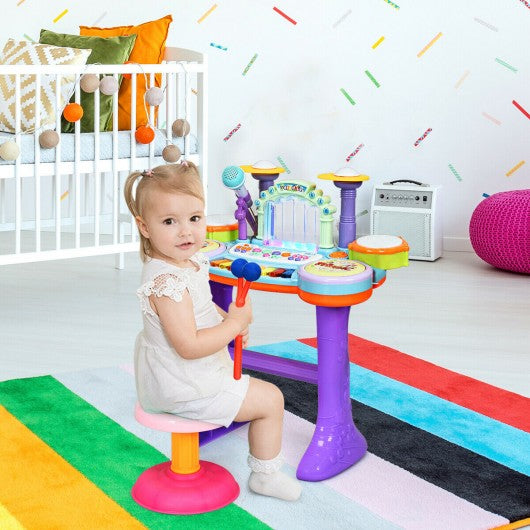 3 in 1 Kids Piano Keyboard Drum Set with Music Fountain