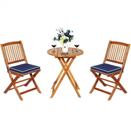 3PCS Patio Folding Wooden Bistro Set Cushioned Chair