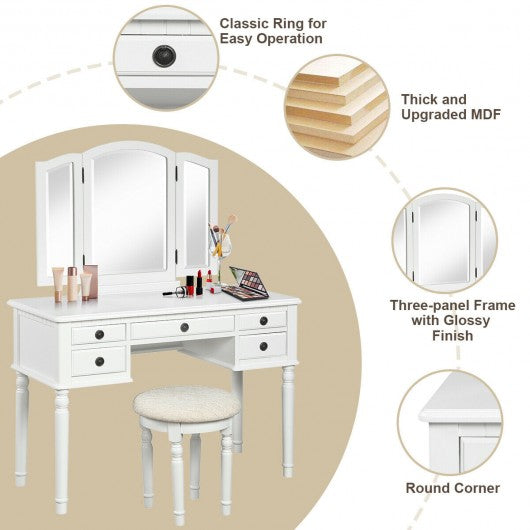 Tri-Fold Mirror Table Stool Wooden Vanity Make Up Dressing Set