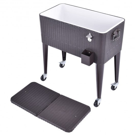 80QT Outdoor Party Portable Rattan Rolling Cooler Cart
