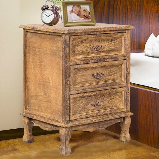 Storage Solid Wood End Nightstand w/ 3 Drawers -Coffee