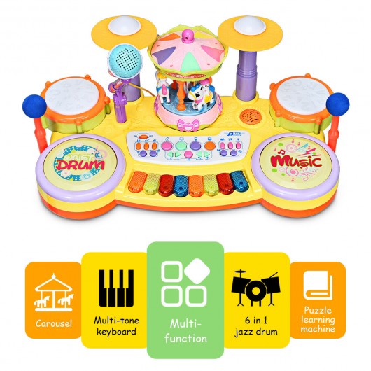 3-in-1 Kid Piano Keyboard Drum Set with Carousel Music Box