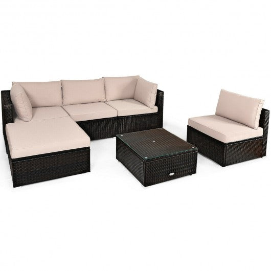 6PCS Outdoor Patio Rattan Furniture Set Sofa Ottoman