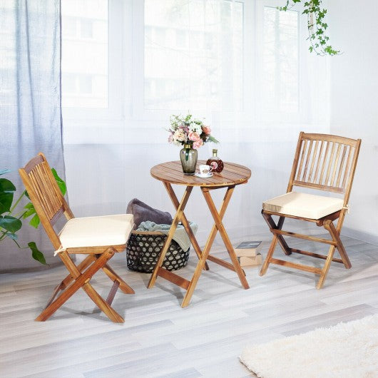 3PCS Patio Folding Wooden Bistro Set Cushioned Chair