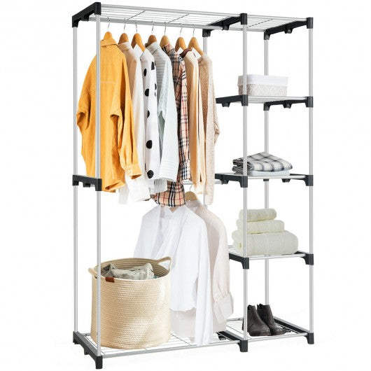 Freestanding Clothes Organizer Rack with Shelves and Hanging Rods