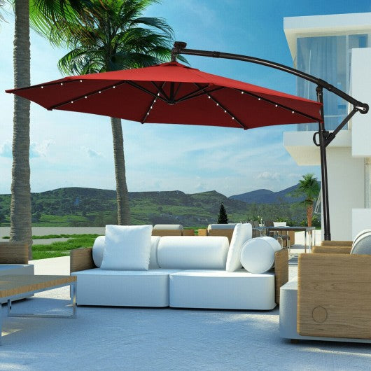 10 ft 360Â° Rotation Solar Powered LED Patio Offset Umbrella without Weight Base-Burgundy