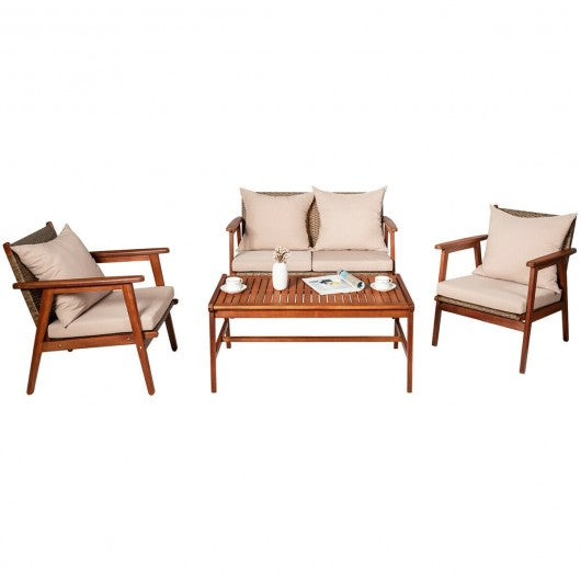 4PCS  Acacia Wood Patio Rattan Furniture Set