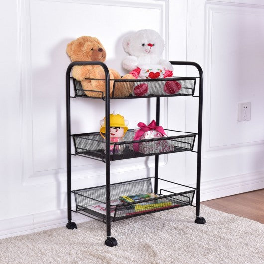 Black/Gray 3 Tier Storage Rack Trolley Cart-Black
