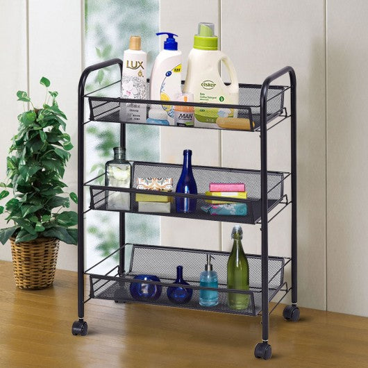 Black/Gray 3 Tier Storage Rack Trolley Cart-Black