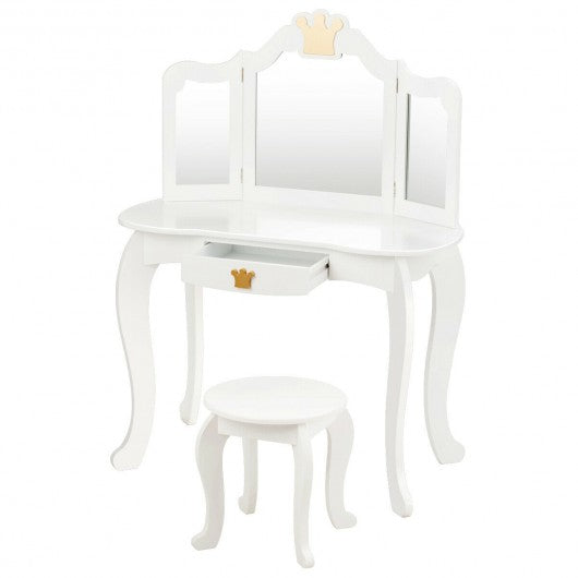 Kids Makeup Dressing Table with Tri-folding Mirror & Stool