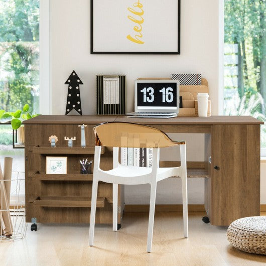 Folding Sewing Table Shelves Storage Cabinet Craft Cart with Wheels-Natural