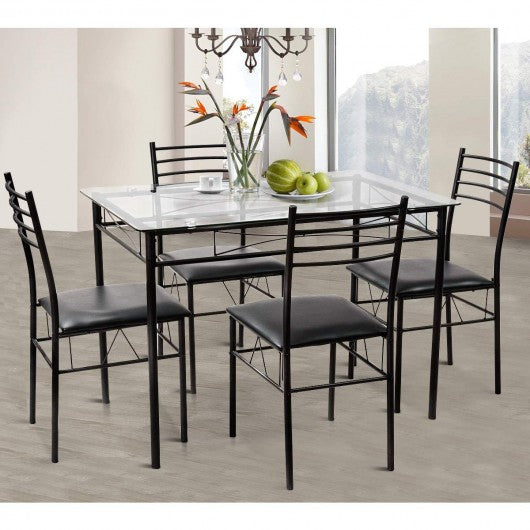 5 Pieces Dining Set Tempered Glass Top Table & 4 Upholstered Chairs