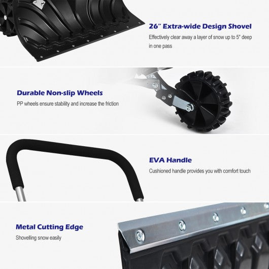 Rolling Snow Pusher Shovel w/Adjustable Handle