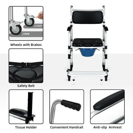 2-in-1 Aluminum Commode Shower Wheelchair with Locking Casters