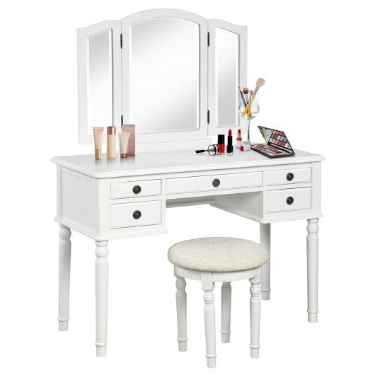 Tri-Fold Mirror Table Stool Wooden Vanity Make Up Dressing Set