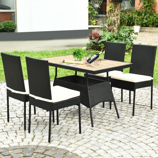 5 PCS Patio Rattan Dining Set Table with Wooden Top