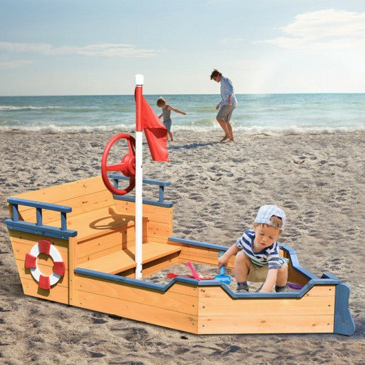Wooden Pirate Boat Wood Sandbox for Kids